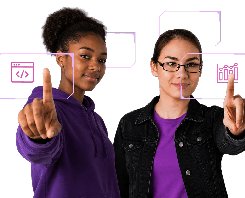 Two young women exploring interactive technology